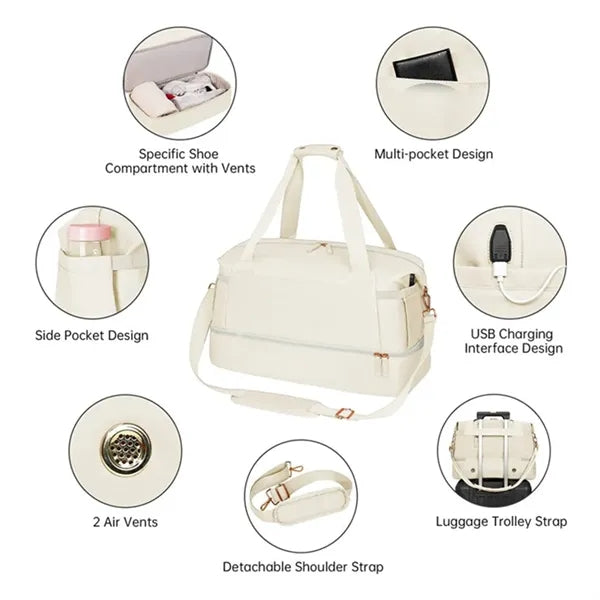 Large duffel bag with USB charging port for gym travel