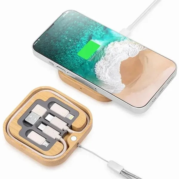 Square Bamboo Wireless Charger With Multi-Charging Cable Se