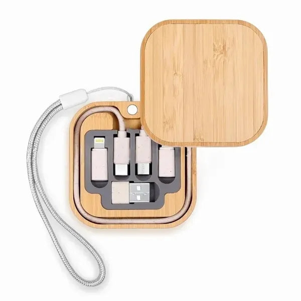 Square Bamboo Wireless Charger With Multi-Charging Cable Se