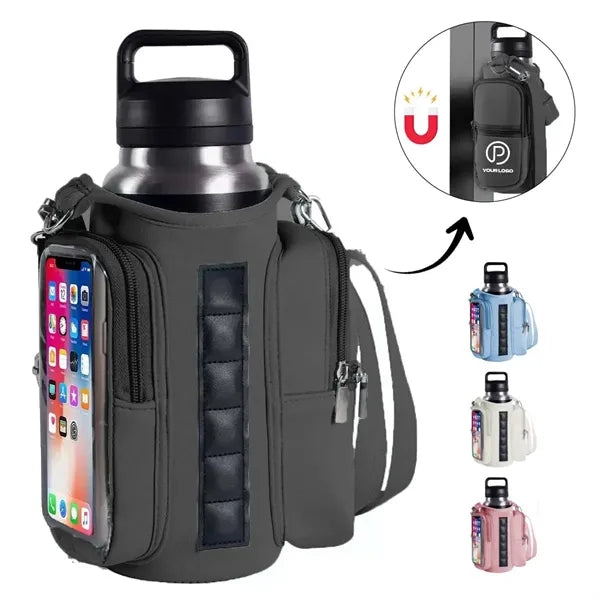 Magnetic gym bag water bottle holder with clear phone pocket