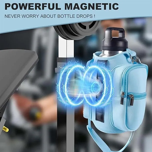 Magnetic gym bag water bottle holder with clear phone pocket