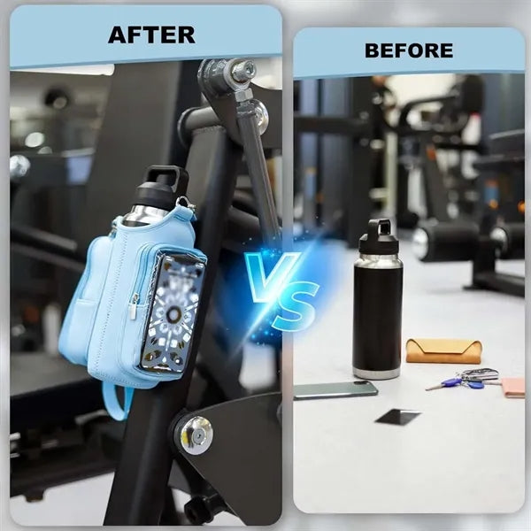 Magnetic gym bag water bottle holder with clear phone pocket
