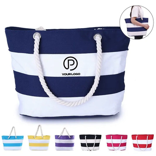 Large canvas beach tote bag with zipper for pool shopping