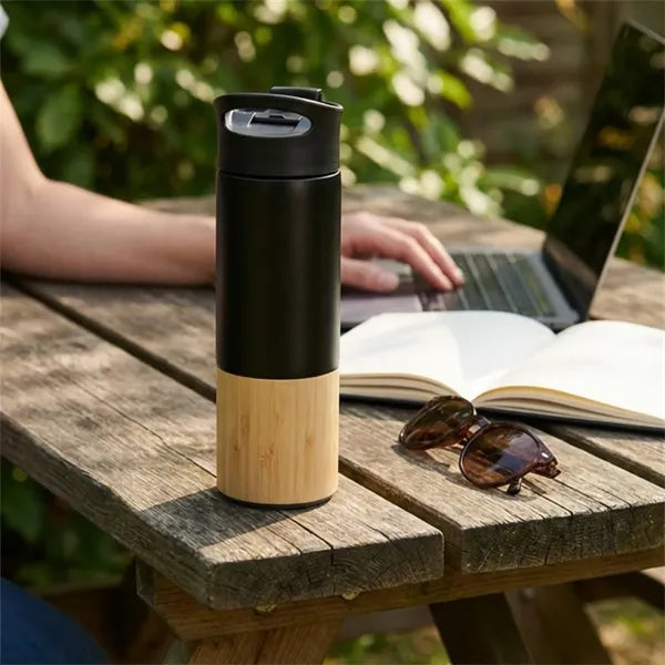 17 Oz Bamboo Travel Tumbler Steel Handle Insulated Mug