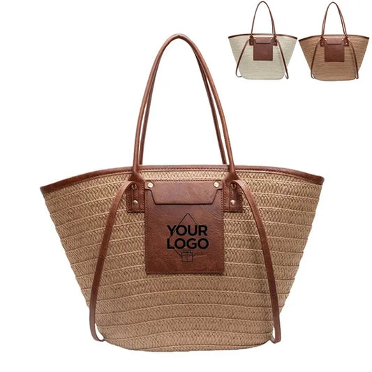 Straw Tote Bag with Leather Accents