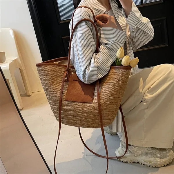 Straw Tote Bag with Leather Accents