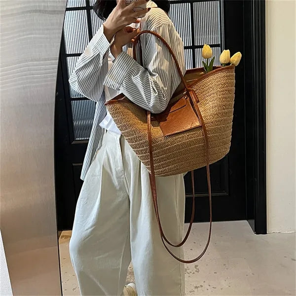 Straw Tote Bag with Leather Accents