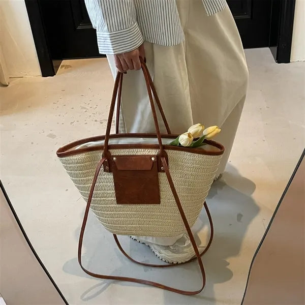 Straw Tote Bag with Leather Accents