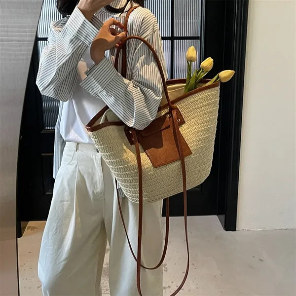 Straw Tote Bag with Leather Accents