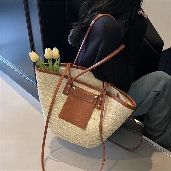Straw Tote Bag with Leather Accents