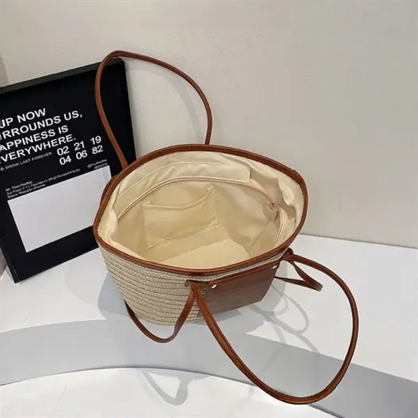 Straw Tote Bag with Leather Accents
