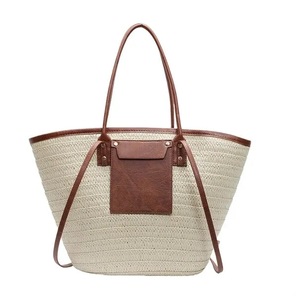 Straw Tote Bag with Leather Accents