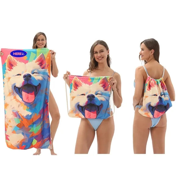 Printed 2 in 1 Beach Towel Backpack Bag