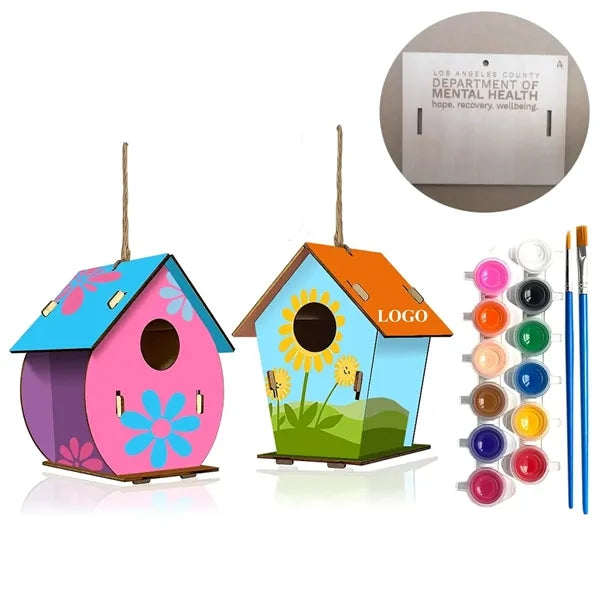 Wooden DIY Bird House Kit w/ 2 paints 2 Brushes for Kids