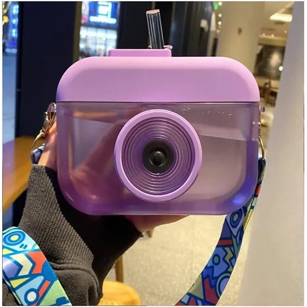 14oz Plastic Camera Water Bottle with Straw Adjustable Strap