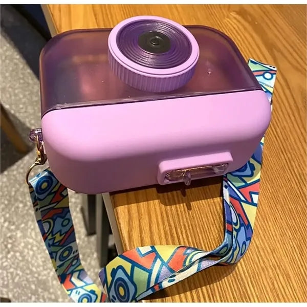 14oz Plastic Camera Water Bottle with Straw Adjustable Strap