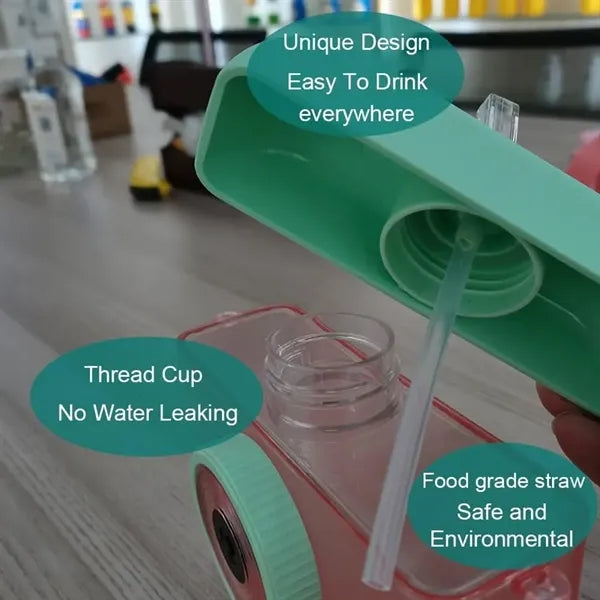 14oz Plastic Camera Water Bottle with Straw Adjustable Strap