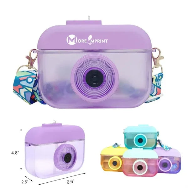 14oz Plastic Camera Water Bottle with Straw Adjustable Strap