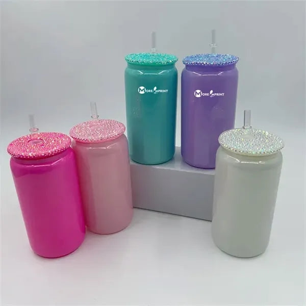 16oz Holographic Shimmer Glass Tumbler with Rhinestones Lid