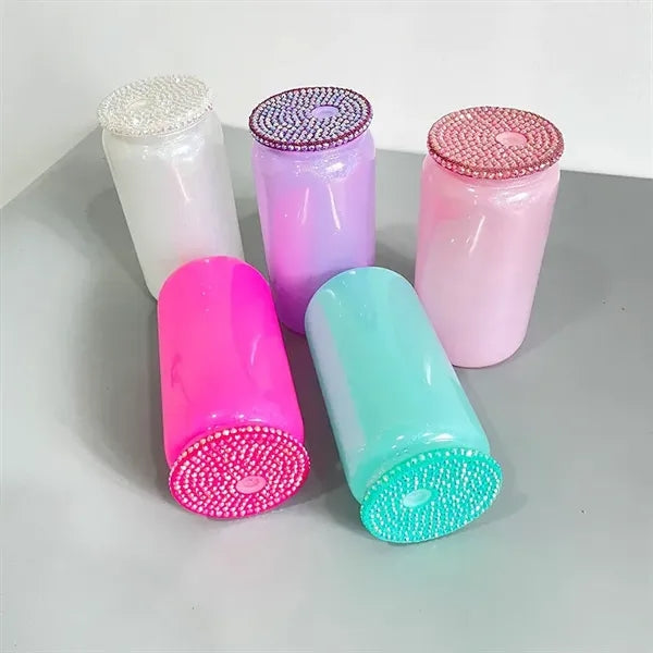 16oz Holographic Shimmer Glass Tumbler with Rhinestones Lid