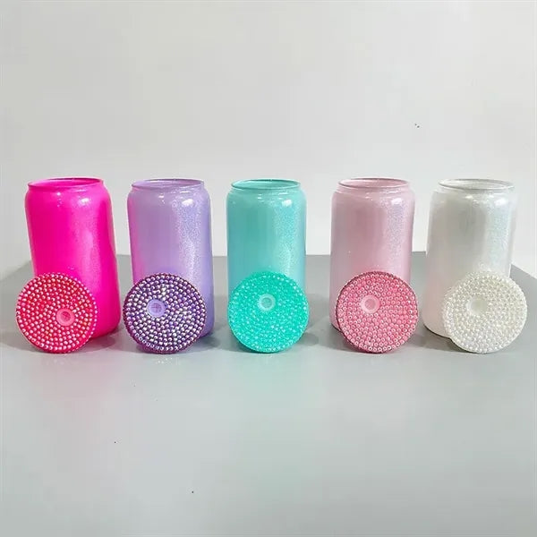 16oz Holographic Shimmer Glass Tumbler with Rhinestones Lid