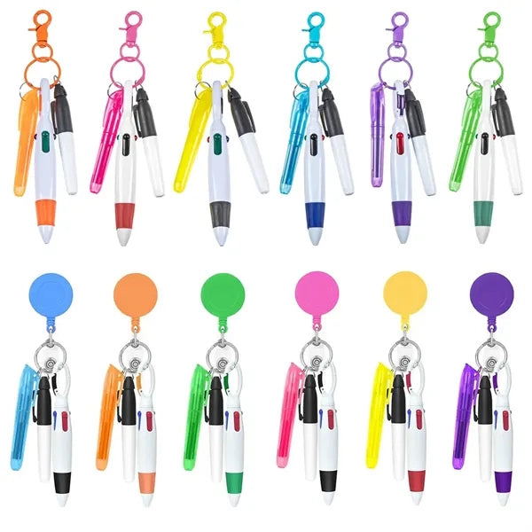 3-in-1 Keychain Pen Set 4-Color Ballpoint Highlighter Marker