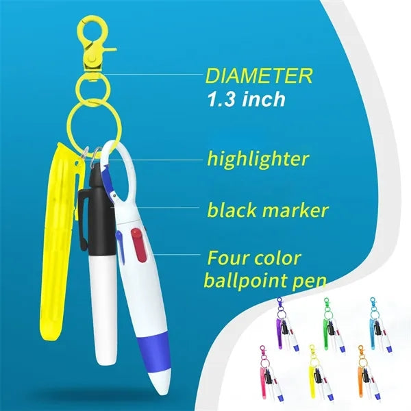 3-in-1 Keychain Pen Set 4-Color Ballpoint Highlighter Marker