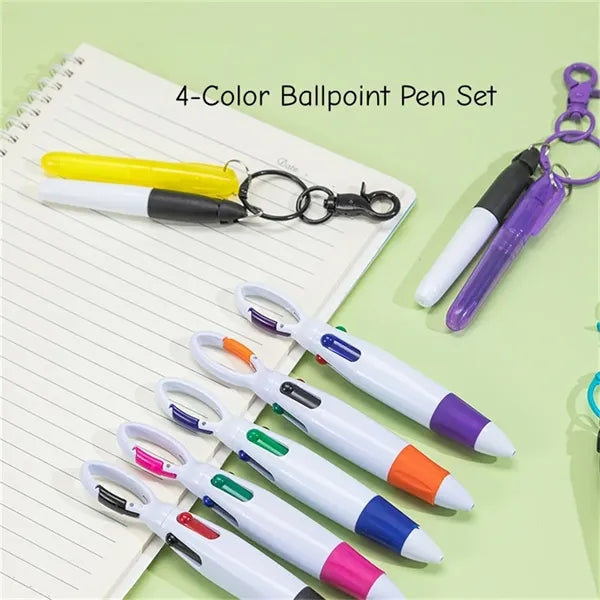 3-in-1 Keychain Pen Set 4-Color Ballpoint Highlighter Marker
