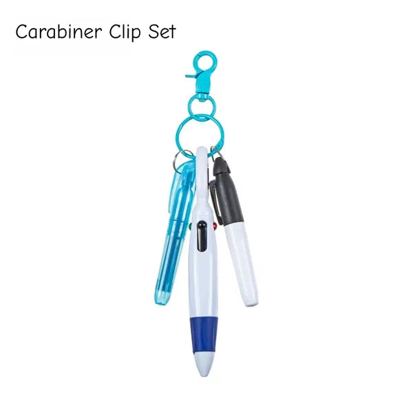 3-in-1 Keychain Pen Set 4-Color Ballpoint Highlighter Marker