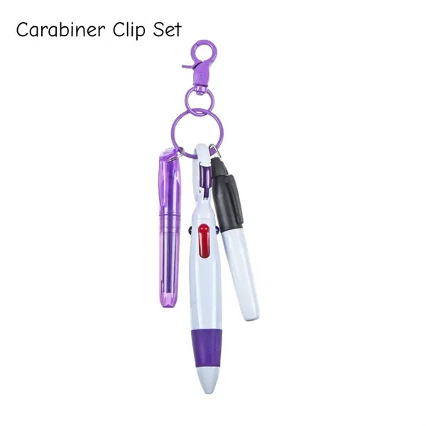 3-in-1 Keychain Pen Set 4-Color Ballpoint Highlighter Marker