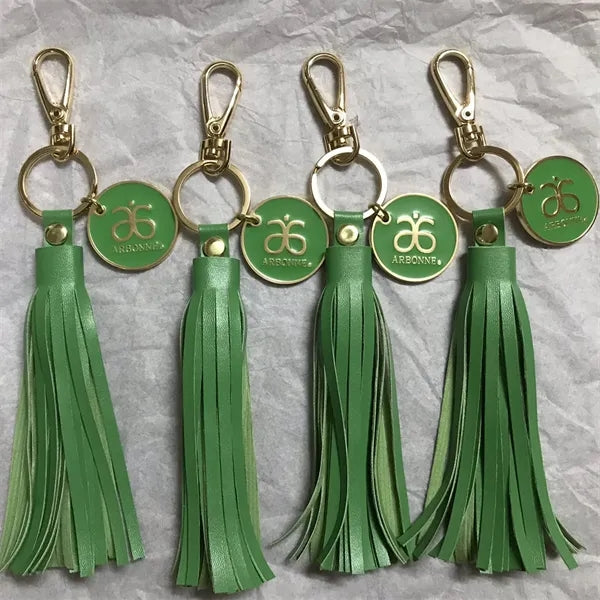 Keychain with Leather Strings and Custom Metal Plate