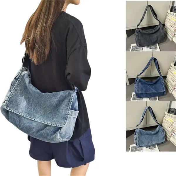 Unisex Denim Crossbody Tote Bag Large Capacity Adjustable