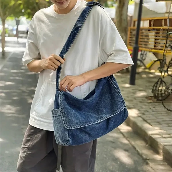 Unisex Denim Crossbody Tote Bag Large Capacity Adjustable