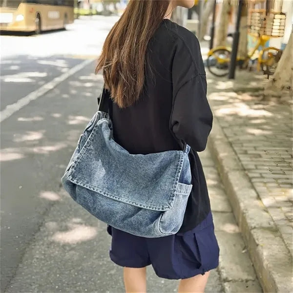 Unisex Denim Crossbody Tote Bag Large Capacity Adjustable