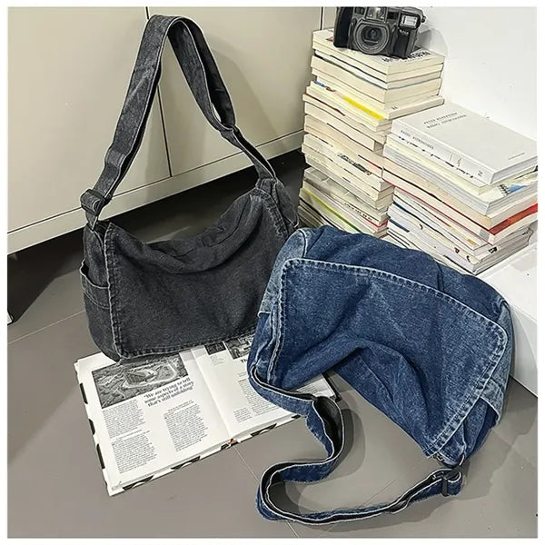 Unisex Denim Crossbody Tote Bag Large Capacity Adjustable