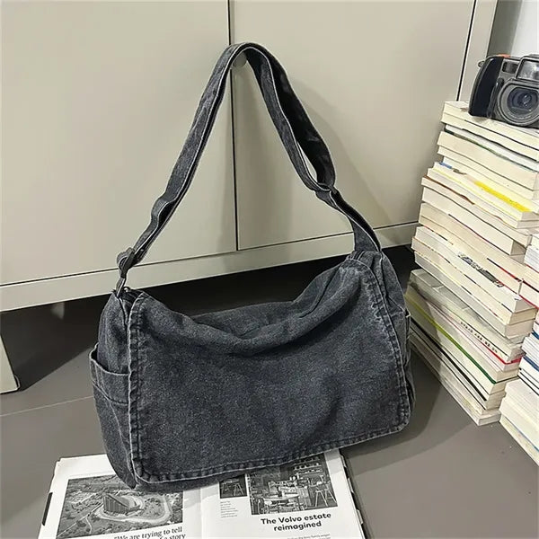 Unisex Denim Crossbody Tote Bag Large Capacity Adjustable