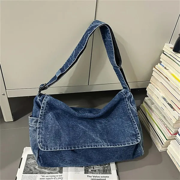 Unisex Denim Crossbody Tote Bag Large Capacity Adjustable