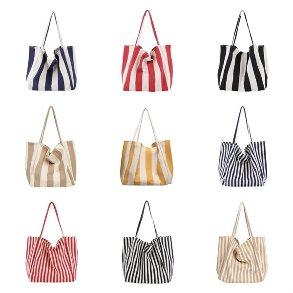 Striped Canvas Tote Bag Multi Color Large Capacity Casual