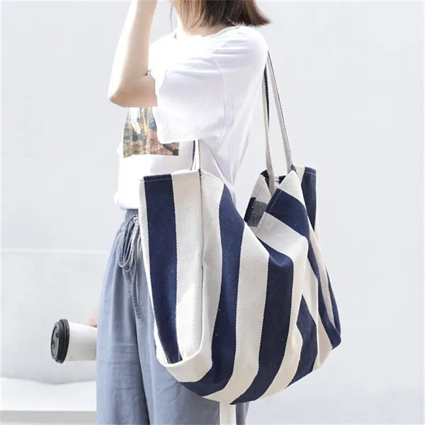 Striped Canvas Tote Bag Multi Color Large Capacity Casual