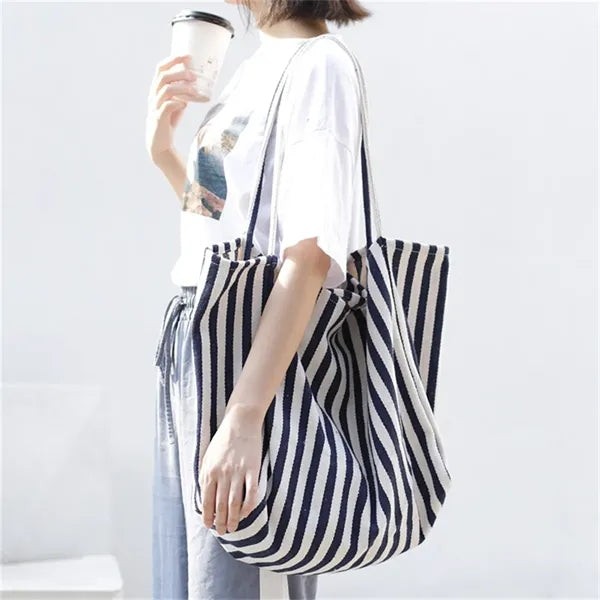 Striped Canvas Tote Bag Multi Color Large Capacity Casual
