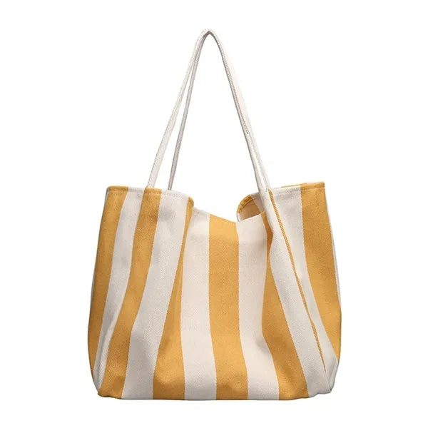 Striped Canvas Tote Bag Multi Color Large Capacity Casual