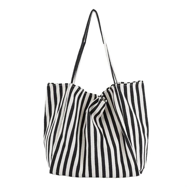 Striped Canvas Tote Bag Multi Color Large Capacity Casual