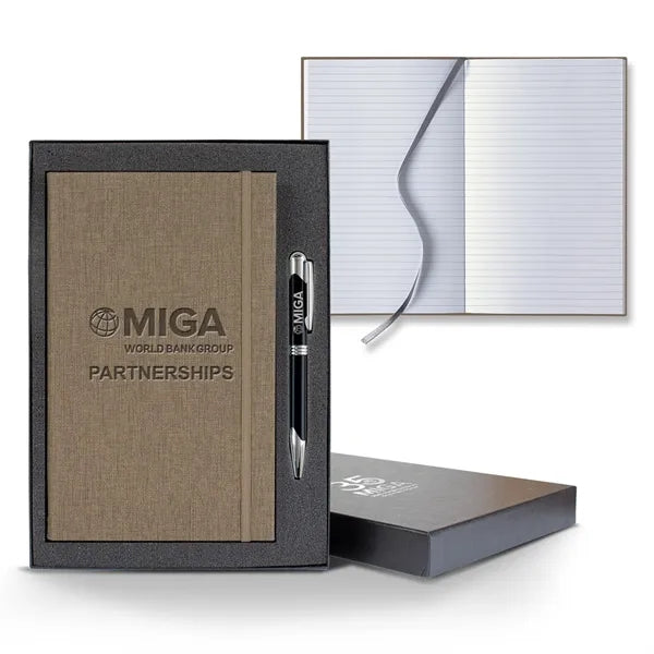 Linen Banded Medio Lined White Page Journal Gift Set