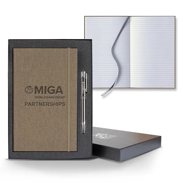 Linen Banded Medio Lined White Page Journal Gift Set