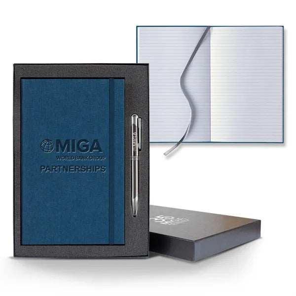 Linen Banded Medio Lined White Page Journal Gift Set