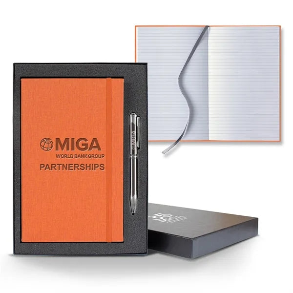 Linen Banded Medio Lined White Page Journal Gift Set