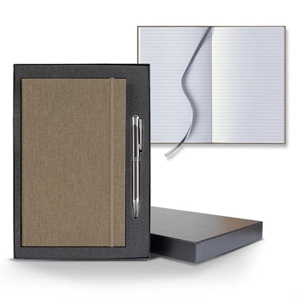 Linen Banded Medio Lined White Page Journal Gift Set