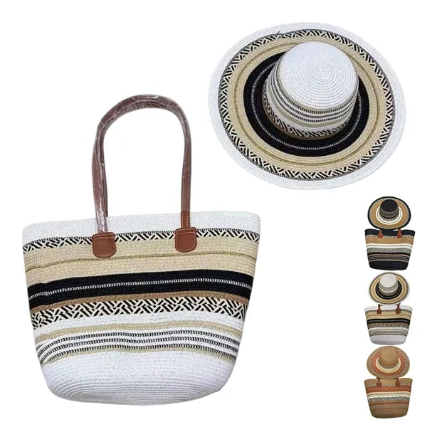 Straw Tote Bag Sun Hat Set Summer Beach Travel Women