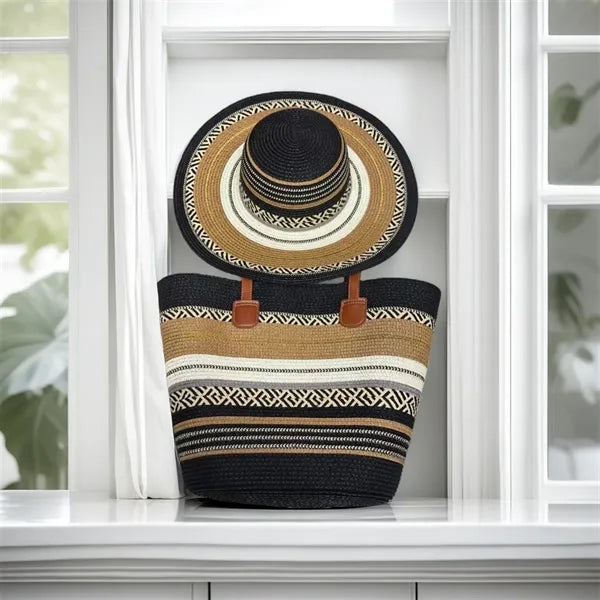 Straw Tote Bag Sun Hat Set Summer Beach Travel Women