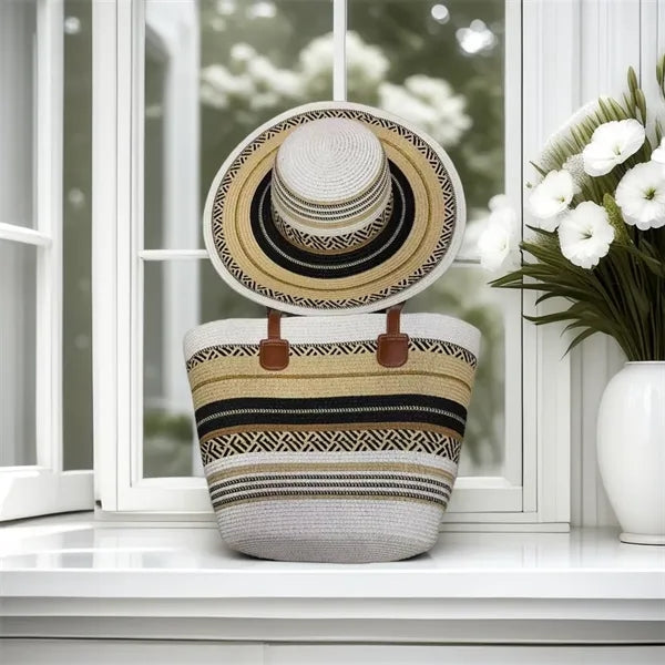 Straw Tote Bag Sun Hat Set Summer Beach Travel Women
